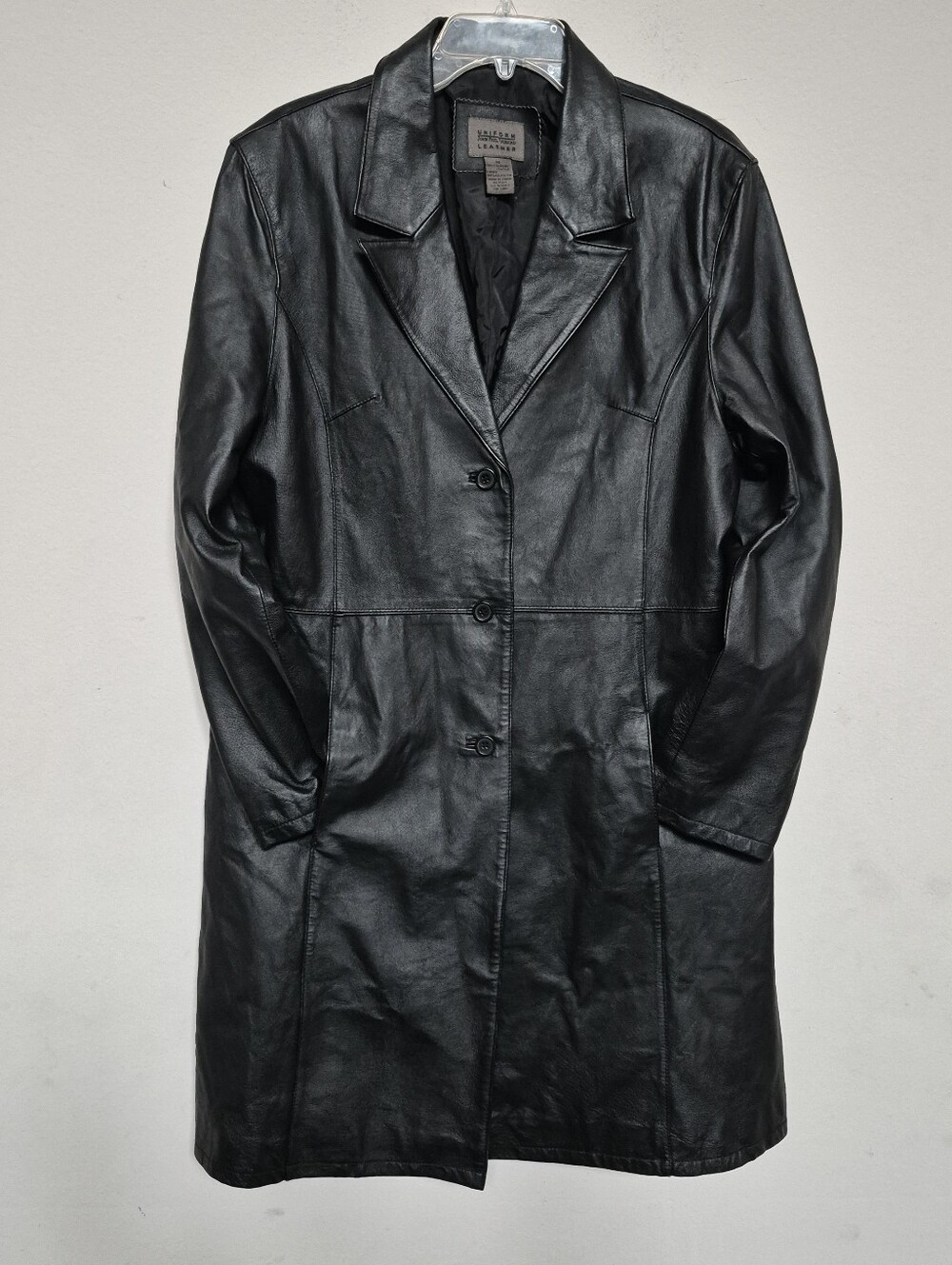 UNIFORM John Paul Richard Women's Black Leather Button-Front Trench Coat Sz 16